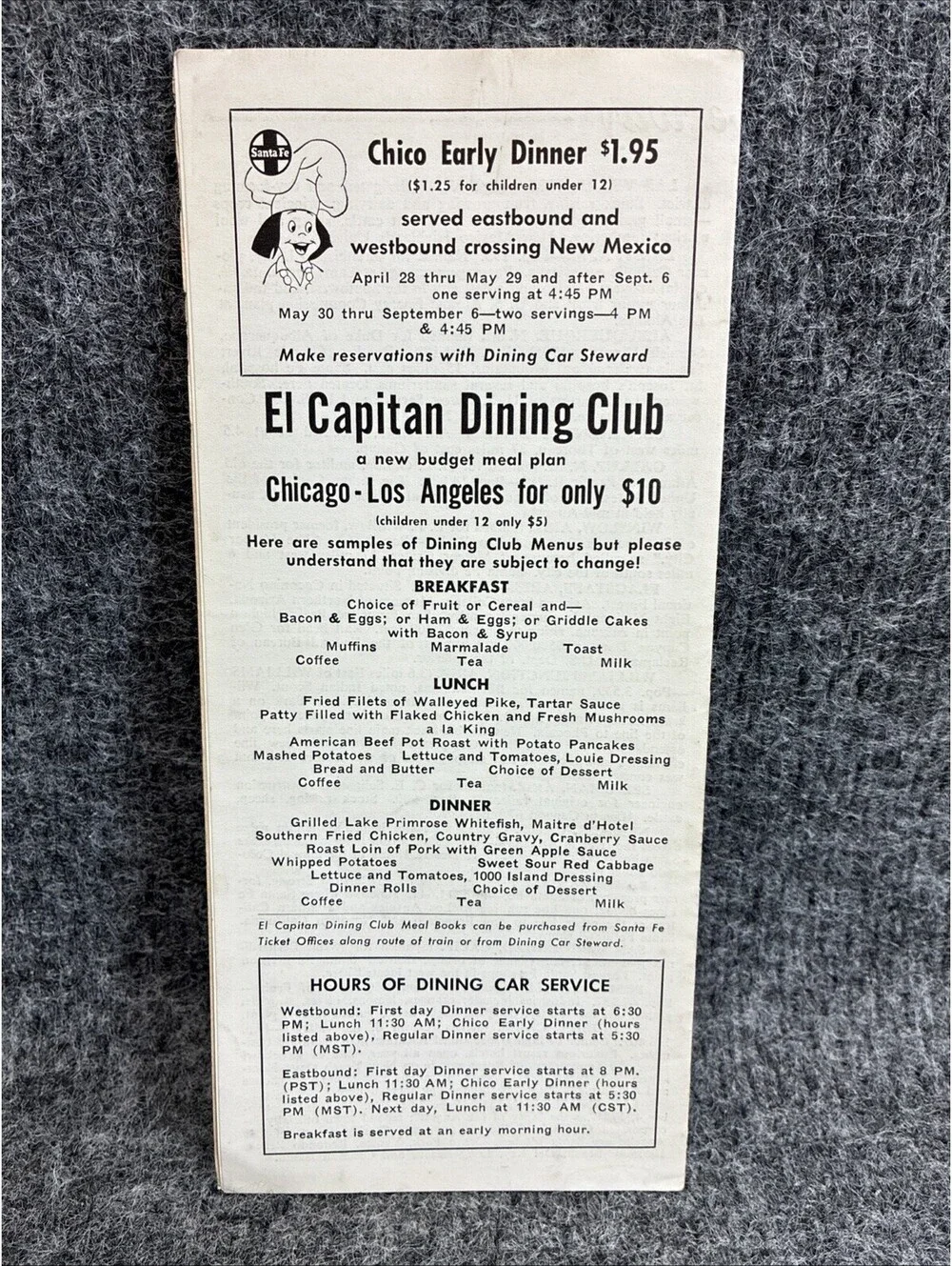 Vtg 1963 Santa Fe El Capitan Brochure Menu Grand Canyon Train Timetable Sheet